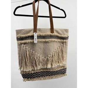 NWT Sonoma Goods For Life Large Canvas Folk Boho Art Deco Macrame Tote Handbag